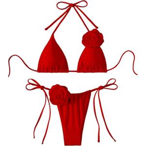 imageWomens Two Piece Bathing Suit Floral Appliques Halter Triangle Tie Side Thong Bikini SwimsuitsRed