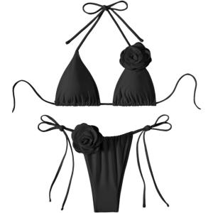 imageWomens Two Piece Bathing Suit Floral Appliques Halter Triangle Tie Side Thong Bikini SwimsuitsSolid Black