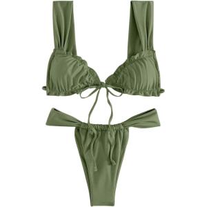 imageWomens Two Piece Swimsuits Frill Trim Tie Front Bathing Suit Wide Straps High Cut Sleeveless Bikini SetsArmy Green