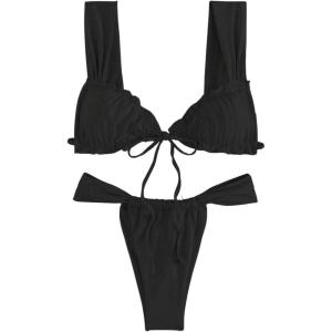imageWomens Two Piece Swimsuits Frill Trim Tie Front Bathing Suit Wide Straps High Cut Sleeveless Bikini SetsBlack