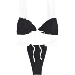 imageWomens Two Piece Swimsuits Frill Trim Tie Front Bathing Suit Wide Straps High Cut Sleeveless Bikini SetsBlack and White