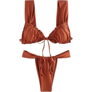imageWomens Two Piece Swimsuits Frill Trim Tie Front Bathing Suit Wide Straps High Cut Sleeveless Bikini SetsBrown