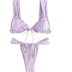 imageWomens Two Piece Swimsuits Frill Trim Tie Front Bathing Suit Wide Straps High Cut Sleeveless Bikini SetsPurple