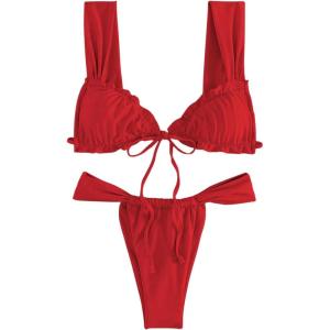 imageWomens Two Piece Swimsuits Frill Trim Tie Front Bathing Suit Wide Straps High Cut Sleeveless Bikini SetsRed