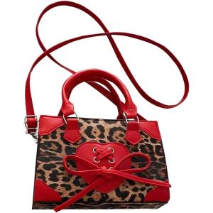 imageWomens Y2K Leopard Print Lace Up Satchel Handbag Zipper Double Handle Mini Shoulder BagRed