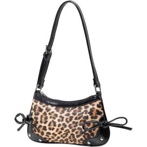 imageWomens Y2K Leopard Print Studded Shoulder Handbag Zipper Bow Knot Punk Underarm PursesBrown