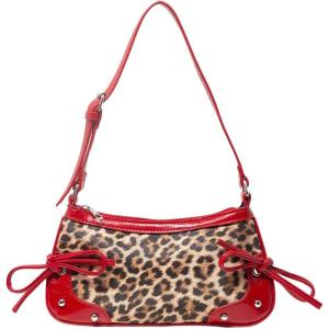 imageWomens Y2K Leopard Print Studded Shoulder Handbag Zipper Bow Knot Punk Underarm PursesMulticolor