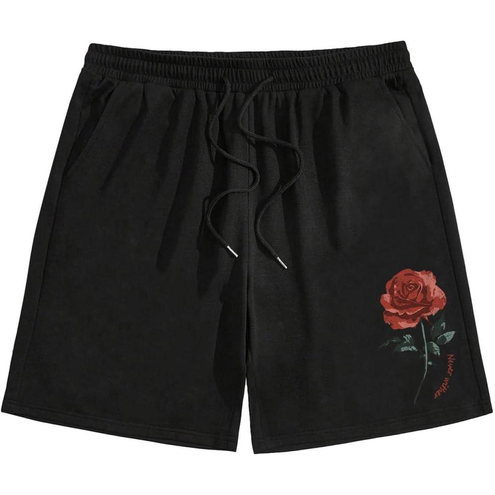 imageMens Floral Graphic Shorts Drawstring Waist Wide Leg Loose Summer Casual Track Shorts VintageBlack and Red