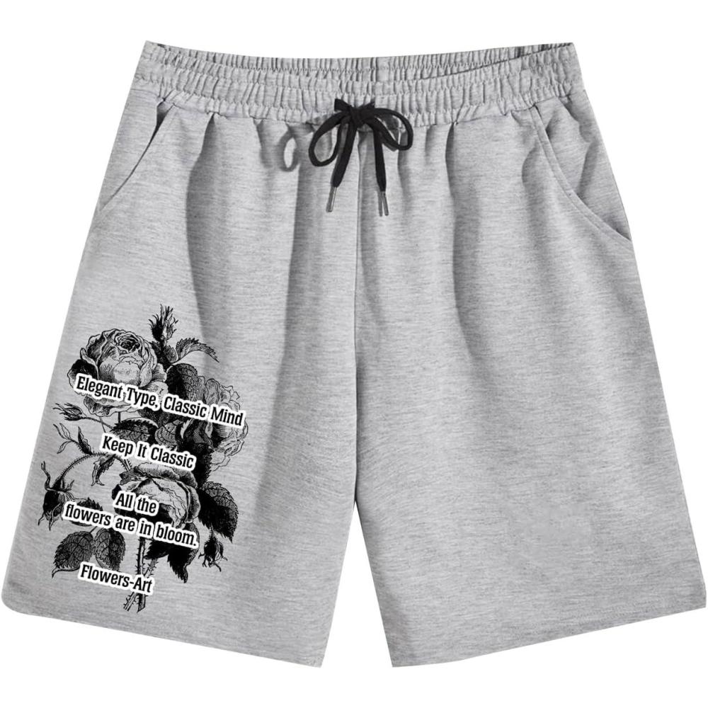 imageMens Floral Graphic Shorts Drawstring Waist Wide Leg Loose Summer Casual Track Shorts VintageGrey