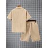 imageBoys 2 Piece Beach Vacation Textured Linen Outfit Short Sleeve Button Down Shirt Top and Shorts Summer SetBeige