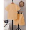 imageBoys 2 Piece Beach Vacation Textured Linen Outfit Short Sleeve Button Down Shirt Top and Shorts Summer SetLight Khaki