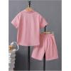 imageBoys 2 Piece Beach Vacation Textured Linen Outfit Short Sleeve Button Down Shirt Top and Shorts Summer SetLight Pink