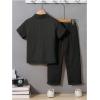 imageBoys 2 Piece Outfits Textured Button Down Short Sleeve Collar Shirts Tops and Elastic Waisted PantsBlack