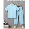 imageBoys 2 Piece Outfits Textured Button Down Short Sleeve Collar Shirts Tops and Elastic Waisted PantsBlue