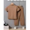 imageBoys 2 Piece Outfits Textured Button Down Short Sleeve Collar Shirts Tops and Elastic Waisted PantsBrown