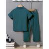 imageBoys 2 Piece Outfits Textured Button Down Short Sleeve Collar Shirts Tops and Elastic Waisted PantsDark Green