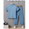 imageBoys 2 Piece Outfits Textured Button Down Short Sleeve Collar Shirts Tops and Elastic Waisted PantsDusty Blue