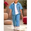 imageBoys 2 Piece Outfits Textured Button Down Short Sleeve Collar Shirts Tops and Elastic Waisted PantsDusty Blue