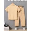 imageBoys 2 Piece Outfits Textured Button Down Short Sleeve Collar Shirts Tops and Elastic Waisted PantsKhaki