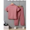 imageBoys 2 Piece Outfits Textured Button Down Short Sleeve Collar Shirts Tops and Elastic Waisted PantsLight Pink