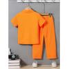 imageBoys 2 Piece Outfits Textured Button Down Short Sleeve Collar Shirts Tops and Elastic Waisted PantsOrange