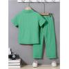 imageBoys 2 Piece Outfits Textured Button Down Short Sleeve Collar Shirts Tops and Elastic Waisted PantsPlain Green