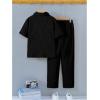 imageBoys 2 Piece Outfits Textured Button Down Short Sleeve Collar Shirts Tops and Elastic Waisted PantsPure Black