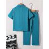 imageBoys 2 Piece Outfits Textured Button Down Short Sleeve Collar Shirts Tops and Elastic Waisted PantsPure Blue