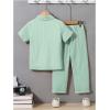 imageBoys 2 Piece Outfits Textured Button Down Short Sleeve Collar Shirts Tops and Elastic Waisted PantsPure Green