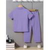 imageBoys 2 Piece Outfits Textured Button Down Short Sleeve Collar Shirts Tops and Elastic Waisted PantsPurple