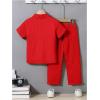 imageBoys 2 Piece Outfits Textured Button Down Short Sleeve Collar Shirts Tops and Elastic Waisted PantsRed