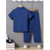 imageBoys 2 Piece Outfits Textured Button Down Short Sleeve Collar Shirts Tops and Elastic Waisted PantsRoyal Blue