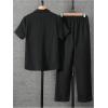 imageBoys 2 Piece Outfits Textured Button Down Short Sleeve Collar Shirts Tops and Elastic Waisted PantsSolid Black