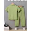 imageBoys 2 Piece Outfits Textured Button Down Short Sleeve Collar Shirts Tops and Elastic Waisted PantsSolid Green