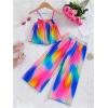 imageGirls 2 Piece Boho Outfits Pleated Spaghetti Strap Camisoles and Elastic Waist Wide Leg PantsBlue and Pink