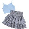 imageGirls 2 Piece Outfits Lace Ruched Camisole Tops and Shirred High Waisted Layered Floral Skirts SetDark Blue