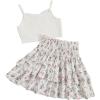 imageGirls 2 Piece Outfits Lace Ruched Camisole Tops and Shirred High Waisted Layered Floral Skirts SetPink and White