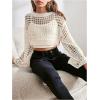 imageGirls Hollow Out Knitted Crop Sweater Long Sleeve Crew Neck Drop Shoulder Sheer Pullovers KnitwearApricot