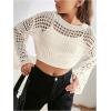 imageGirls Hollow Out Knitted Crop Sweater Long Sleeve Crew Neck Drop Shoulder Sheer Pullovers KnitwearApricot