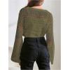 imageGirls Hollow Out Knitted Crop Sweater Long Sleeve Crew Neck Drop Shoulder Sheer Pullovers KnitwearArmy Green