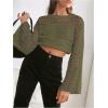 imageGirls Hollow Out Knitted Crop Sweater Long Sleeve Crew Neck Drop Shoulder Sheer Pullovers KnitwearArmy Green
