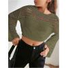 imageGirls Hollow Out Knitted Crop Sweater Long Sleeve Crew Neck Drop Shoulder Sheer Pullovers KnitwearArmy Green