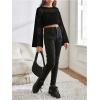 imageGirls Hollow Out Knitted Crop Sweater Long Sleeve Crew Neck Drop Shoulder Sheer Pullovers KnitwearBlack