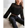 imageGirls Hollow Out Knitted Crop Sweater Long Sleeve Crew Neck Drop Shoulder Sheer Pullovers KnitwearBlack