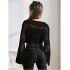 imageGirls Hollow Out Knitted Crop Sweater Long Sleeve Crew Neck Drop Shoulder Sheer Pullovers KnitwearBlack