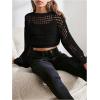 imageGirls Hollow Out Knitted Crop Sweater Long Sleeve Crew Neck Drop Shoulder Sheer Pullovers KnitwearBlack