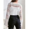 imageGirls Hollow Out Knitted Crop Sweater Long Sleeve Crew Neck Drop Shoulder Sheer Pullovers KnitwearWhite