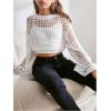 imageGirls Hollow Out Knitted Crop Sweater Long Sleeve Crew Neck Drop Shoulder Sheer Pullovers KnitwearWhite