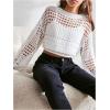 imageGirls Hollow Out Knitted Crop Sweater Long Sleeve Crew Neck Drop Shoulder Sheer Pullovers KnitwearWhite