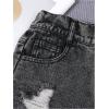 imageGirls Ripped Raw Hem Straight Leg Jean Shorts Elastic Waist Zipper Fly Denim ShortsBlack